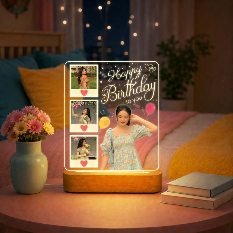 Personalized Happy Birthday Gift for Girlfriend, Wife, Best Friend, Daughter & Sister Bedroom Decor Table Lamp with Wood Stand